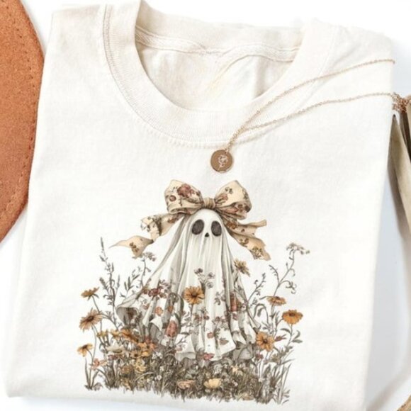 Cute Ghost in Wildflowers Shirt, Spooky Fall Aesthetic Tee - Picture 1 of 4